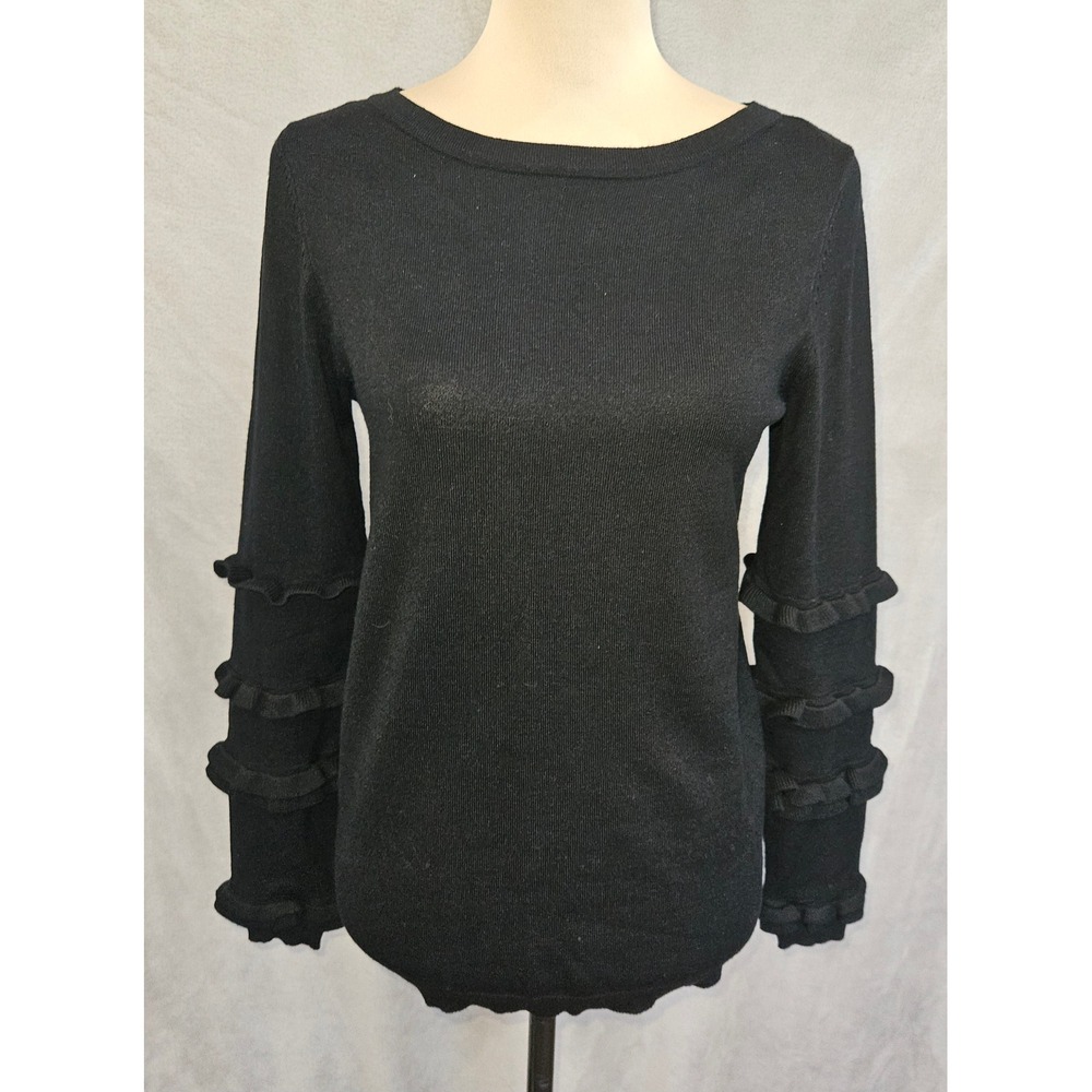NY Collection Ruffle Sleeve Sweater Womens S Black Tiered Frill Ribbed Pullover